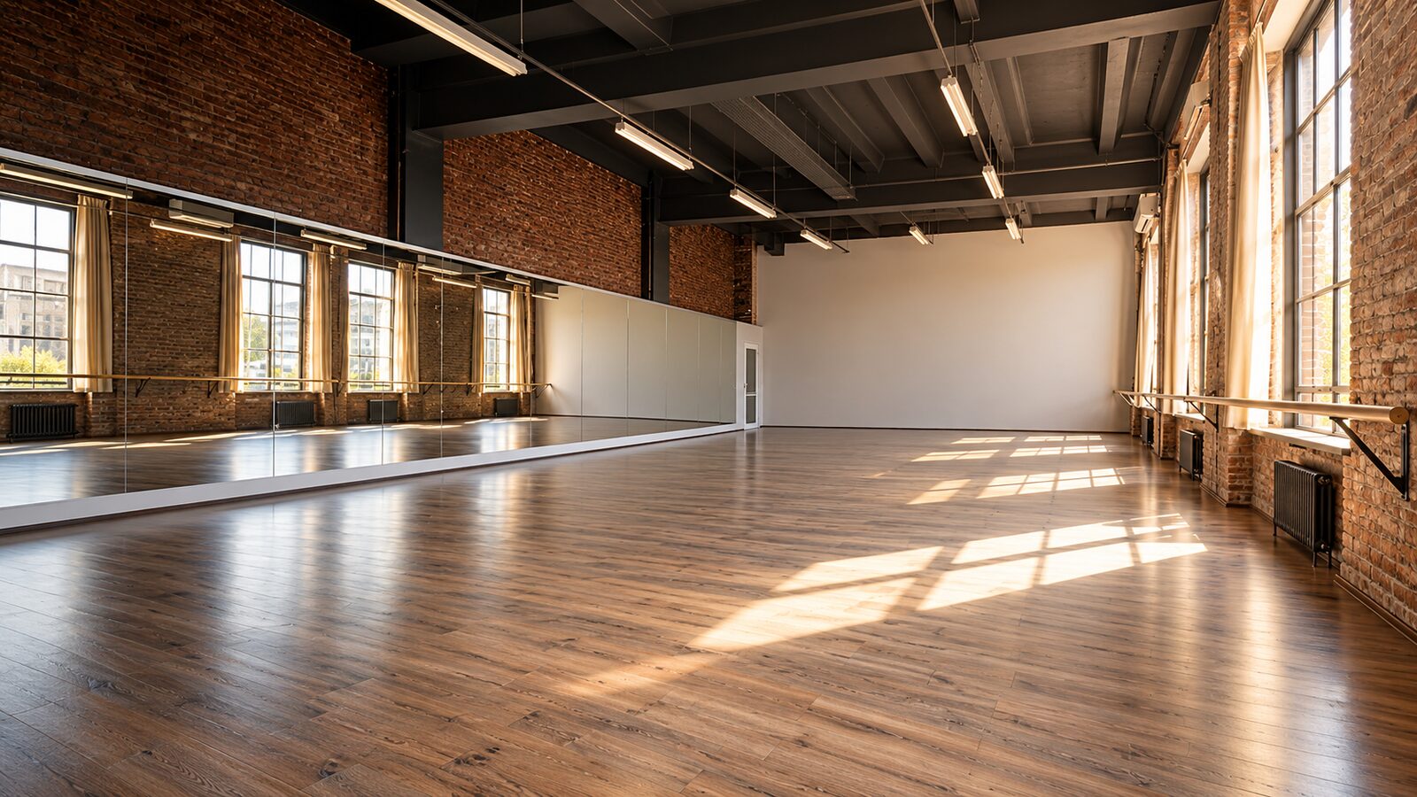 Salle de danse lumineuse avec parquet, miroirs et barres